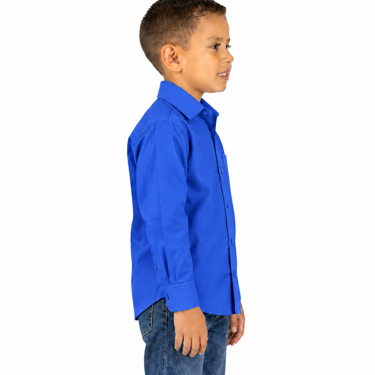 Camisa de vestir infantil azul rey rodolfo valentini, niño modelo, perfil derecho desfajada mezclilla | color:azul-rey-rodolfo