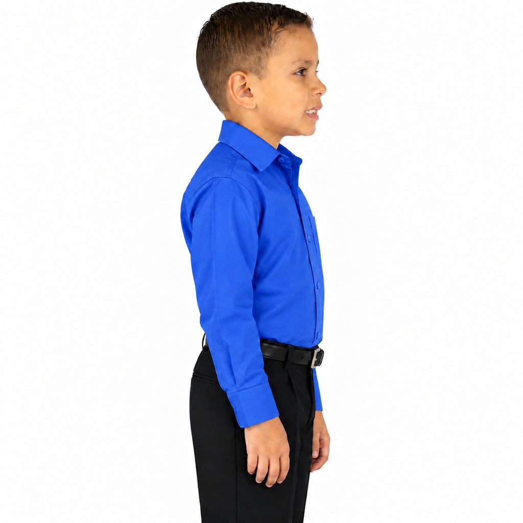 Camisa de vestir infantil azul rey rodolfo valentini, niño modelo, perfil derecho fajada