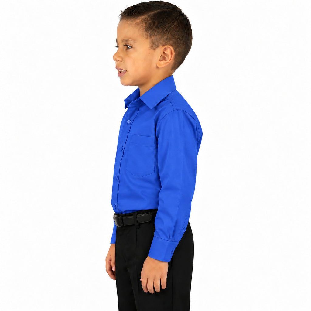 Camisa de vestir infantil azul rey rodolfo valentini, niño modelo, perfil izquierdo fajada