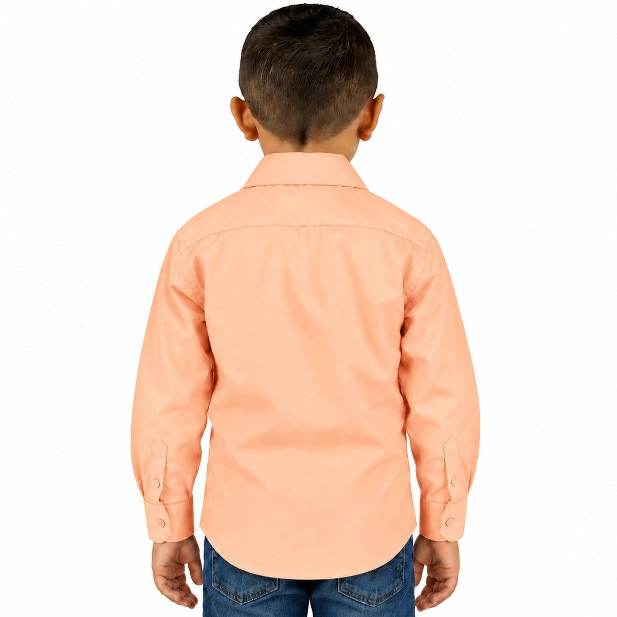 Camisa de vestir infantil melón Rodolfo Valentini, niño modelo, espalda desfajada mezclilla | color:melon