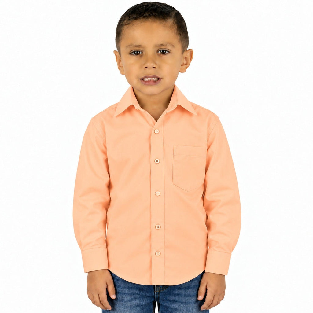 Camisa de vestir infantil melón Rodolfo Valentini, niño modelo, frente desfajada mezclilla