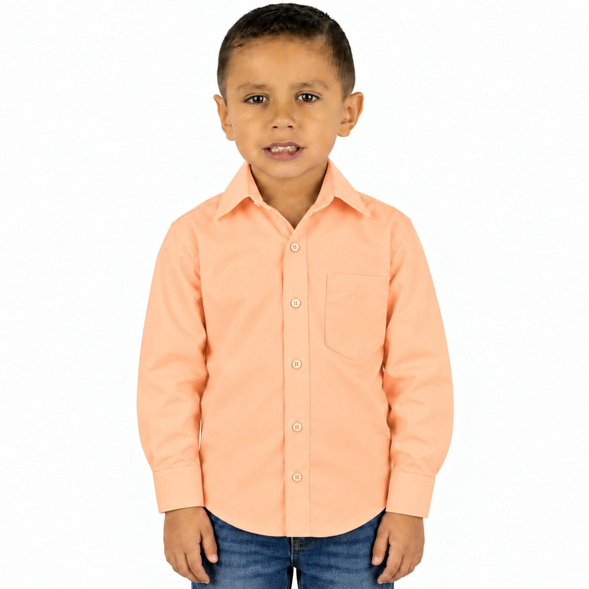 Camisa de vestir infantil melón Rodolfo Valentini, niño modelo, frente desfajada mezclilla | color:melon