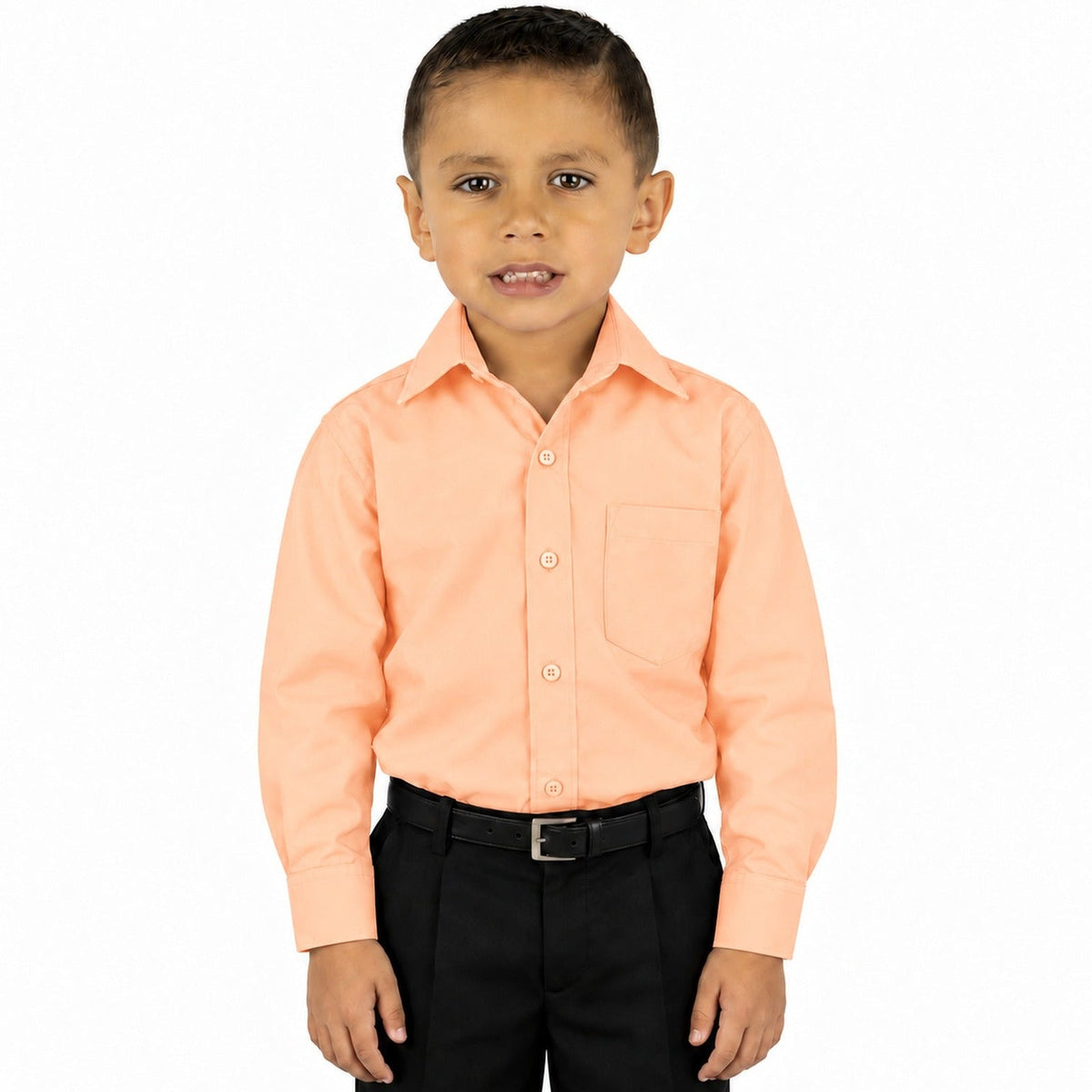 Camisa de vestir infantil melón Rodolfo Valentini, niño modelo, frente fajada | color:melon