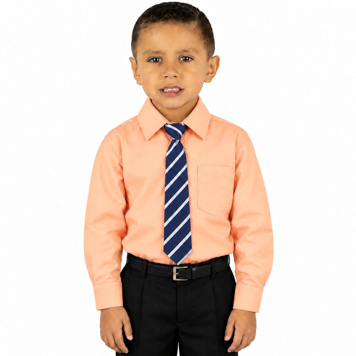 Camisa de vestir infantil melón Rodolfo Valentini, niño modelo, frente fajada corbata diagonal | color:melon