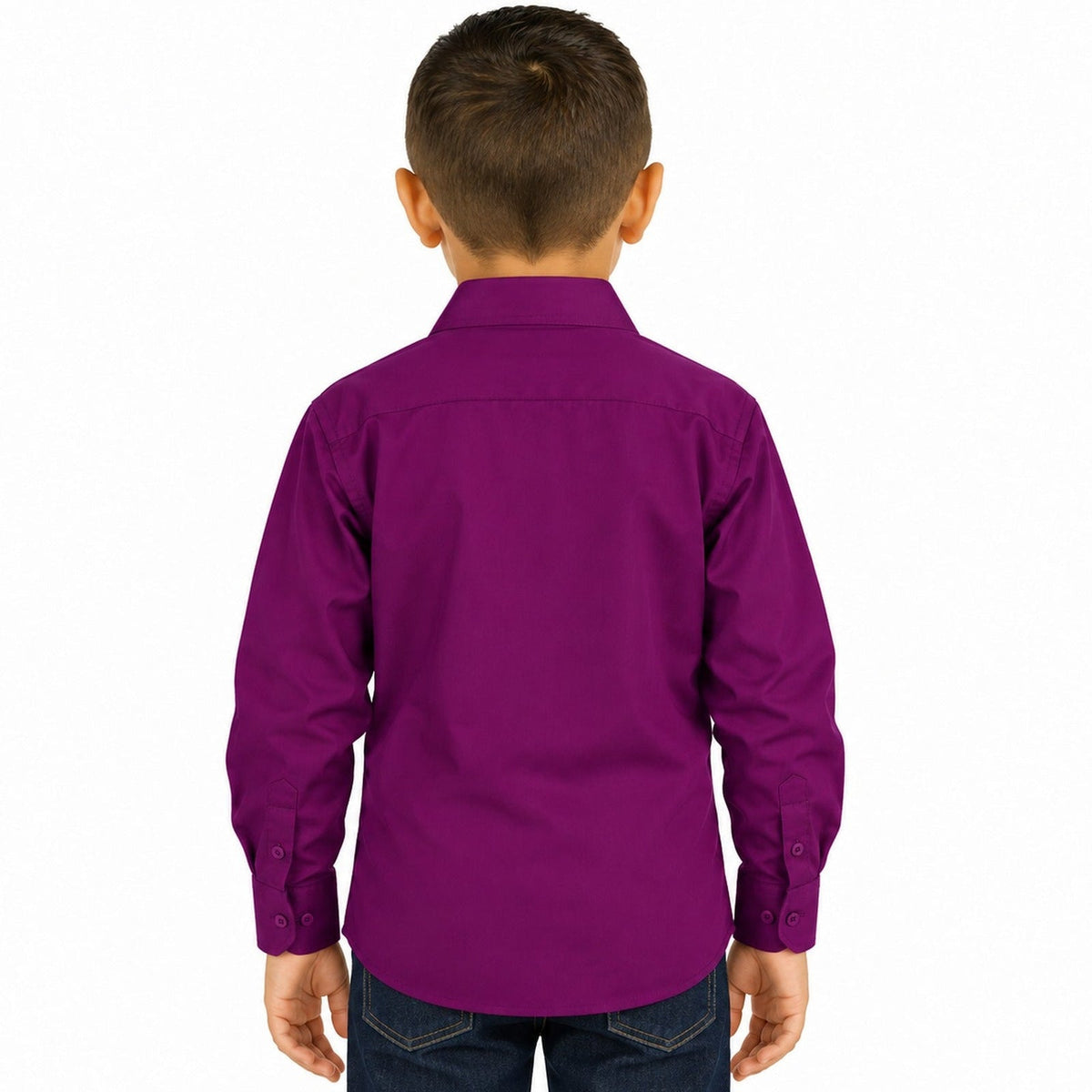 Camisa de vestir infantil morada Rodolfo Valentini, niño modelo, espalda desfajada con mezclilla | color:morada-rodolfo