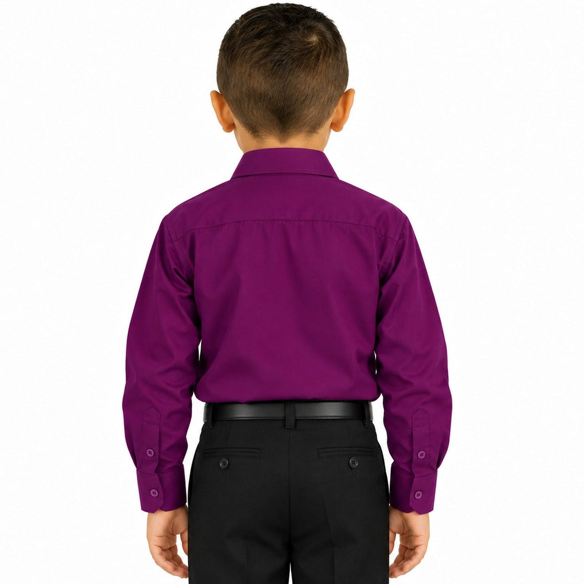 Camisa de vestir infantil morada Rodolfo Valentini, niño modelo, espalda fajada | color:morada-rodolfo