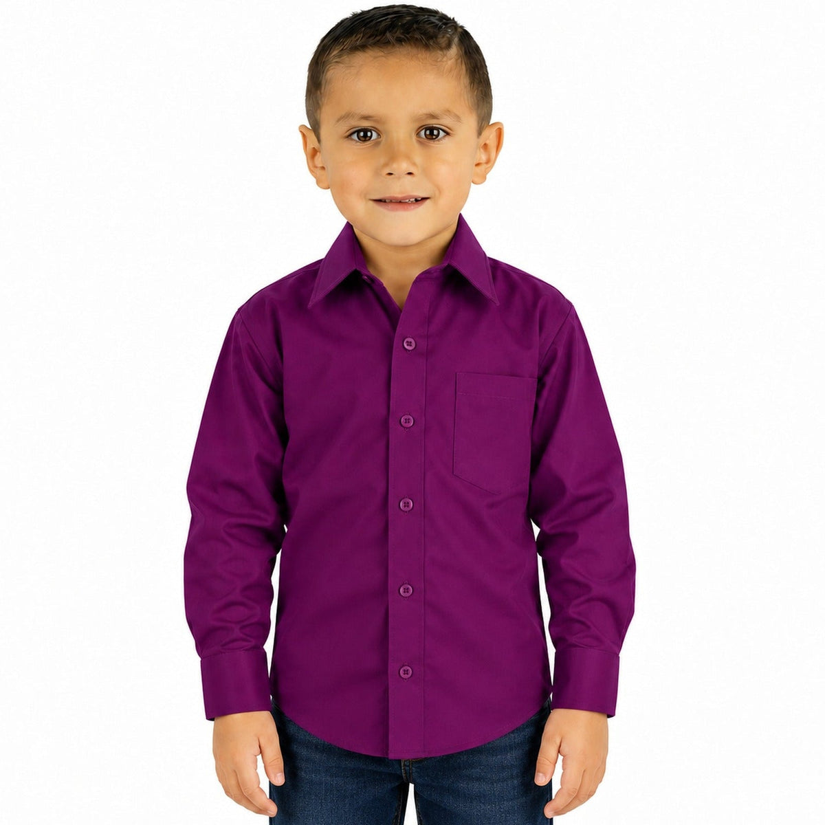 Camisa de vestir infantil morada Rodolfo Valentini, niño modelo, frente desfajada con pantalón de mezclilla | color:morada-rodolfo