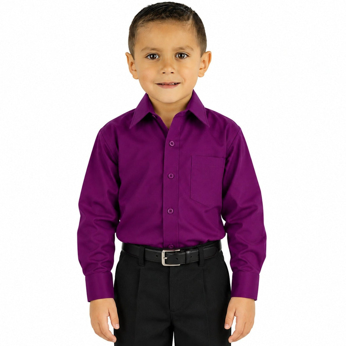 Camisa de vestir infantil morada Rodolfo Valentini, niño modelo, frente fajada sin corbata | color:morada-rodolfo