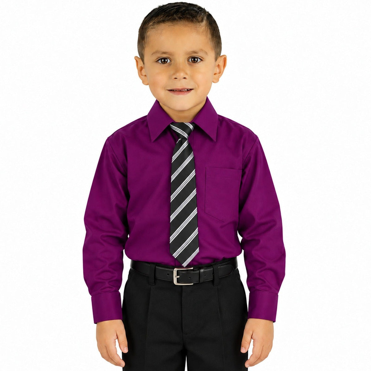 Camisa de vestir infantil morada Rodolfo Valentini, niño modelo, frente fajada con corbata de rayas diagonales en contraste | color:morada-rodolfo