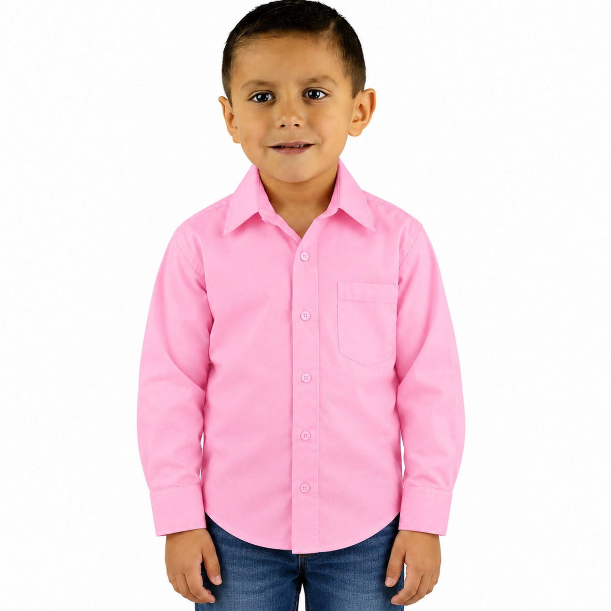 Camisa de vestir infantil rosa pastel rodolfo valentini, frontal desfajada mezclilla, tallas 2 a 16 | color:rosa-pastel-rodolfo
