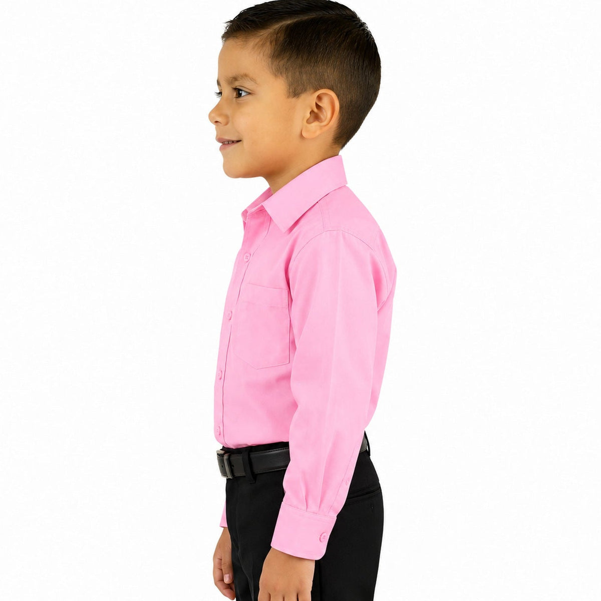 Camisa de vestir infantil rosa pastel rodolfo valentini, perfil izquierdo fajada, tallas 2 a 16 | color:rosa-pastel-rodolfo