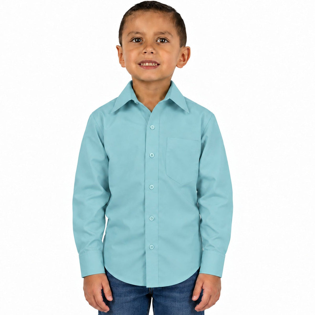 Camisa de vestir infantil verde menta rodolfo valentini, frontal desfajada mezclilla, talla 2 a 16 | color:verde-menta-rodolfo