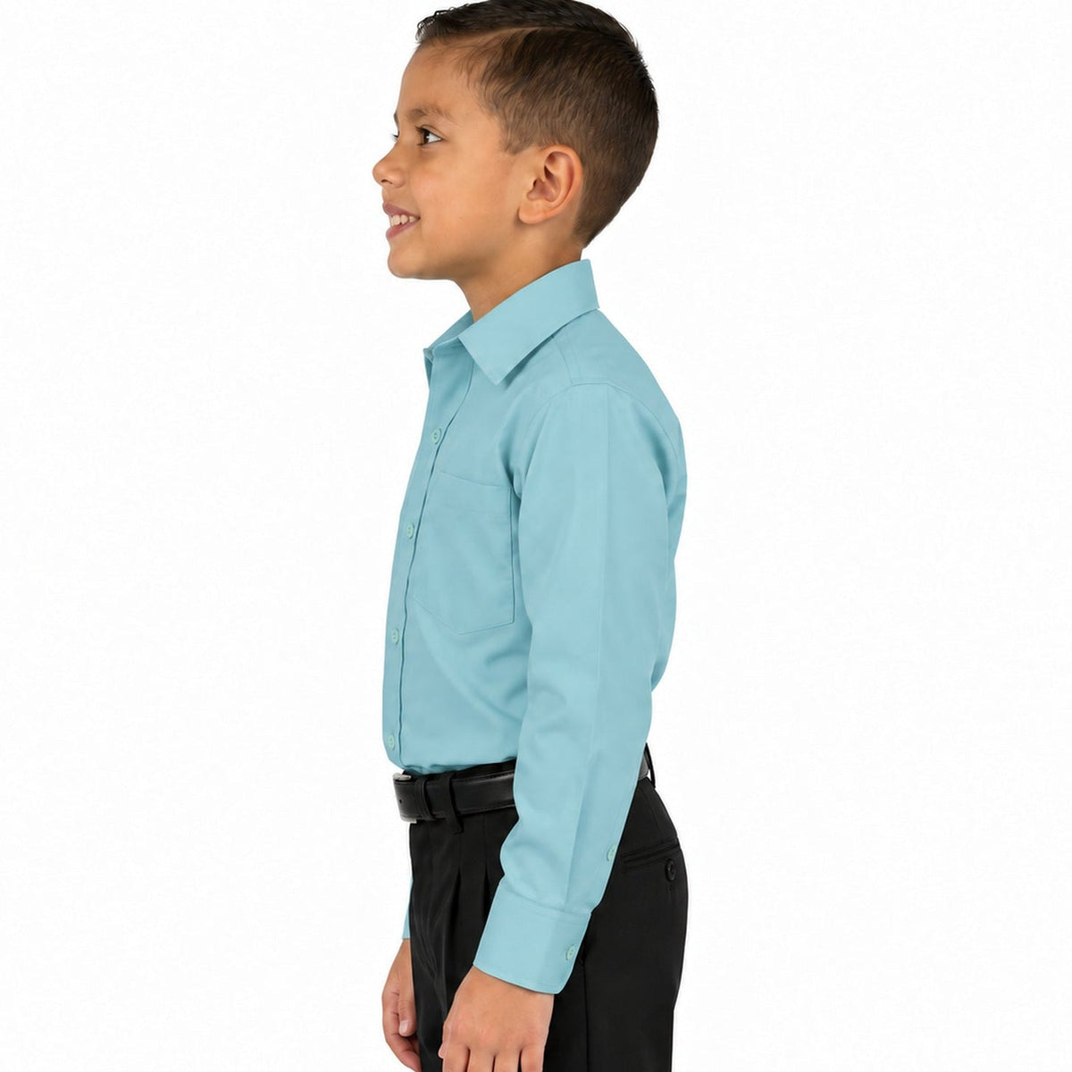 Camisa de vestir infantil verde menta rodolfo valentini, perfil izquierdo fajada, talla 2 a 16 | color:verde-menta-rodolfo