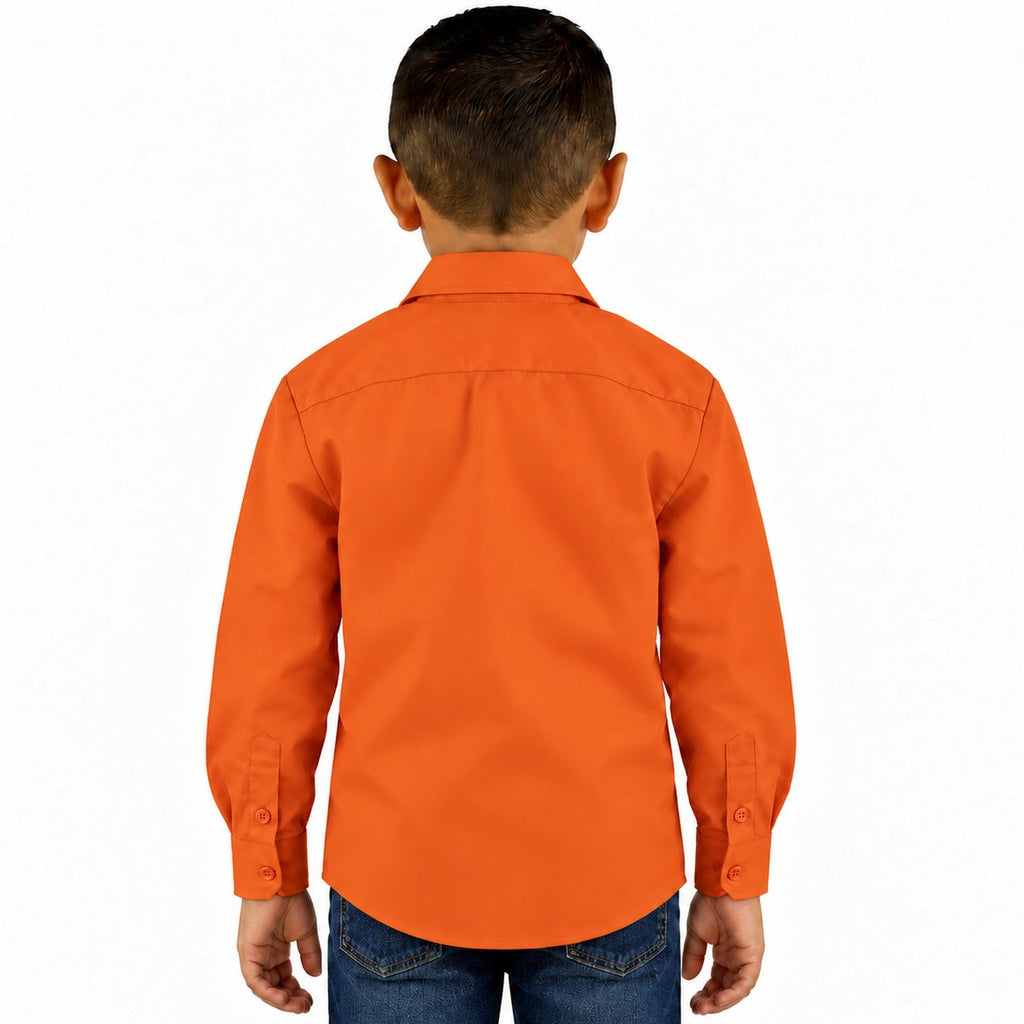 Camisa de vestir infantil Rodolfo Valentini naranja, espalda desfajada con mezclilla
