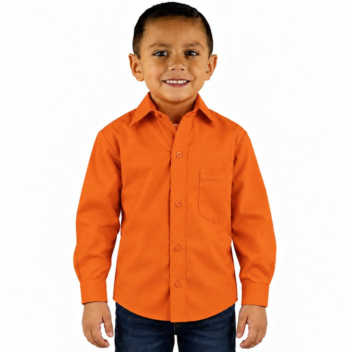 Camisa de vestir infantil Rodolfo Valentini naranja, frontal desfajada con pantalón de mezclilla | color:naranja-rodolfo