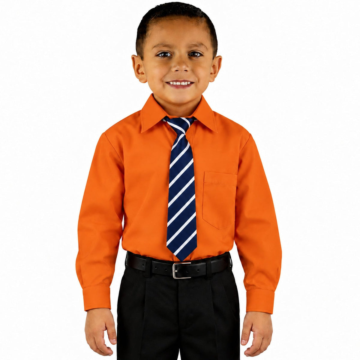 Camisa de vestir infantil Rodolfo Valentini naranja, frontal fajada con corbata de rayas diagonales | color:naranja-rodolfo
