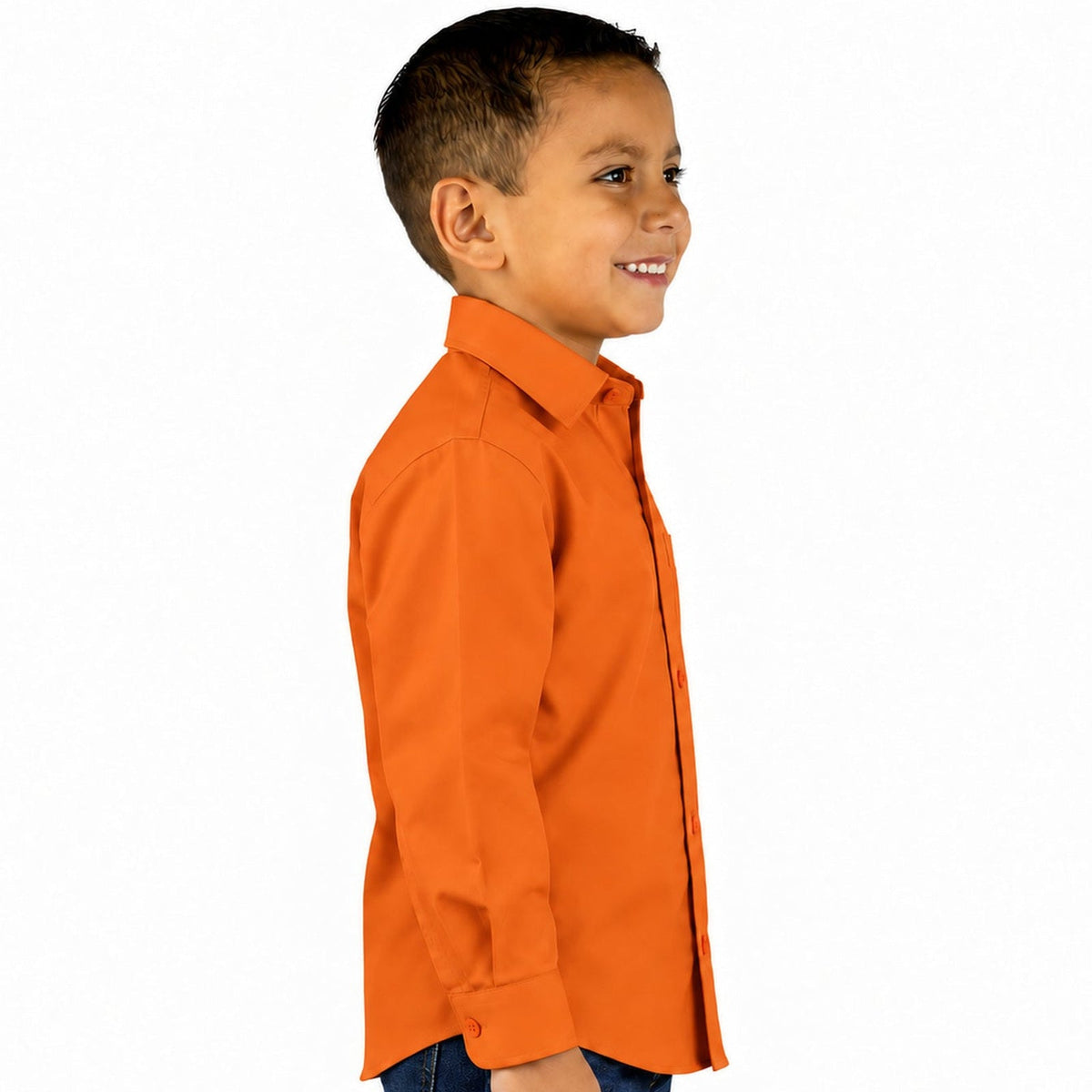 Camisa de vestir infantil Rodolfo Valentini naranja, perfil derecho desfajada con mezclilla | color:naranja-rodolfo