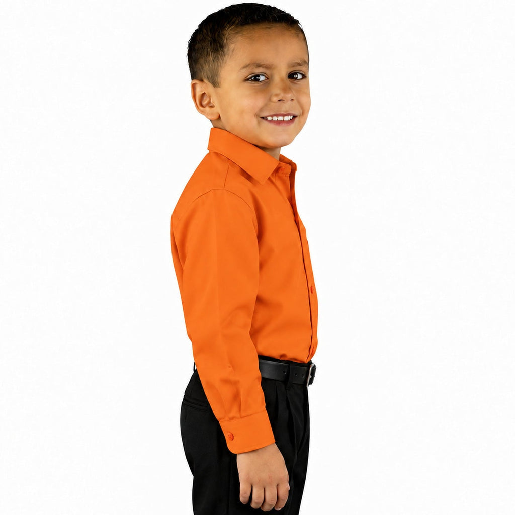 Camisa de vestir infantil Rodolfo Valentini naranja, perfil derecho fajada sin corbata