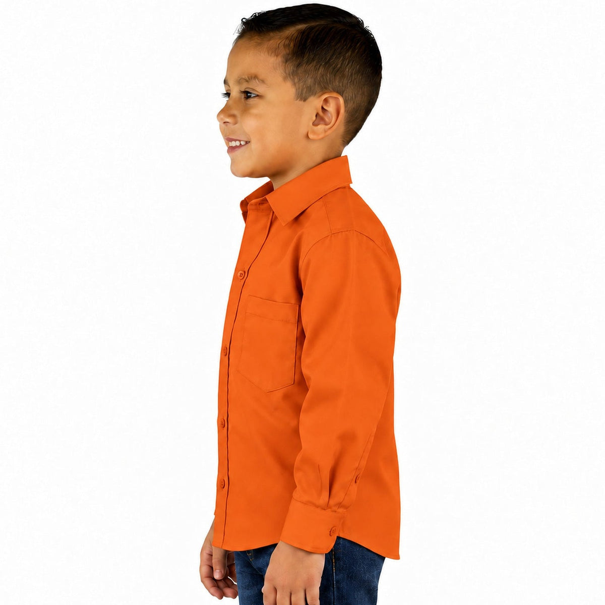 Camisa de vestir infantil Rodolfo Valentini naranja, perfil izquierdo desfajada con mezclilla | color:naranja-rodolfo
