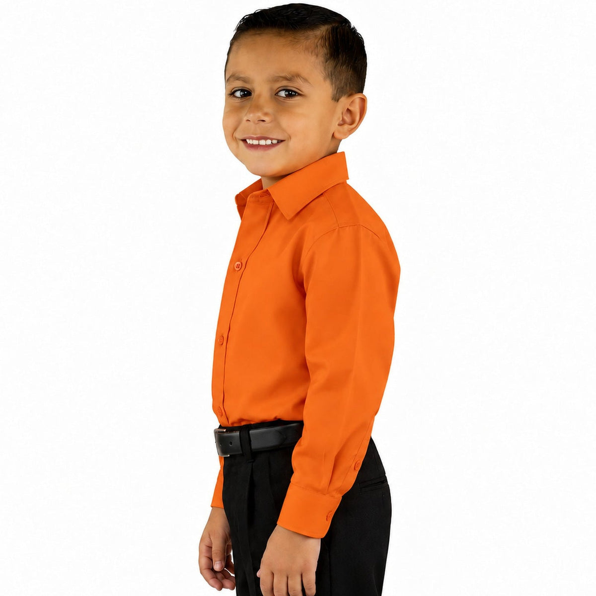 Camisa de vestir infantil Rodolfo Valentini naranja, perfil izquierdo fajada sin corbata | color:naranja-rodolfo
