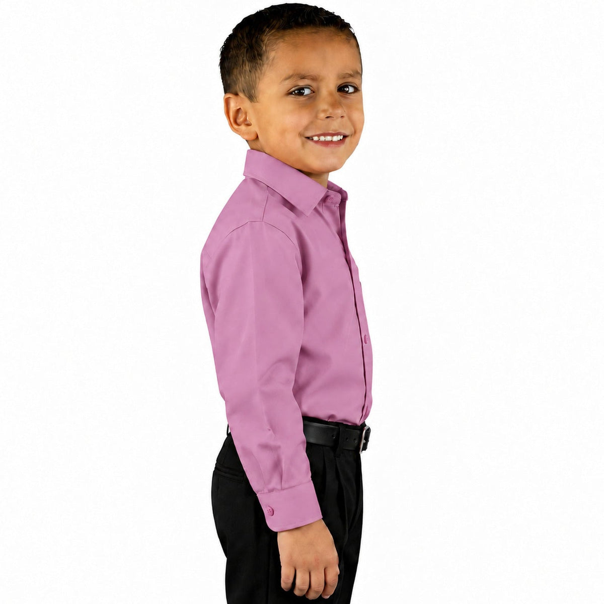 Camisa de vestir infantil palo de rosa Rodolfo Valentini, frontal desfajada mezclilla, talla 2 a 16