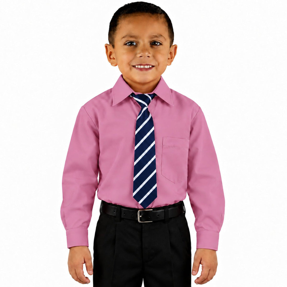 Camisa de vestir infantil palo de rosa Rodolfo Valentini, frontal fajada con corbata, talla 2 a 16