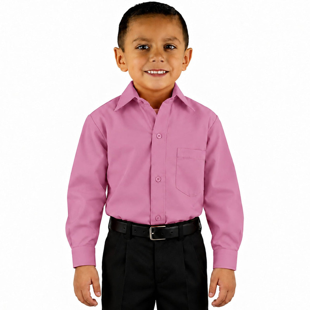 Camisa de vestir infantil palo de rosa Rodolfo Valentini, frontal fajada sin corbata, talla 2 a 16