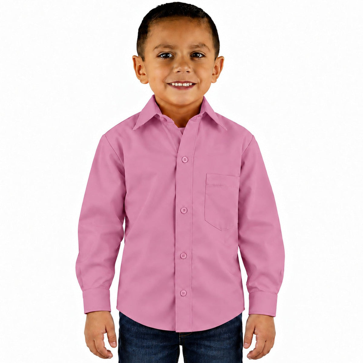 Camisa de vestir infantil palo de rosa Rodolfo Valentini, perfil derecho fajada, talla 2 a 16