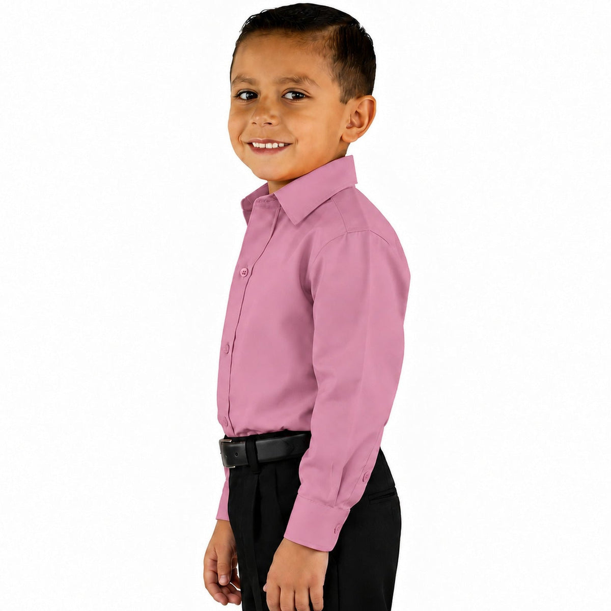 Camisa de vestir infantil palo de rosa Rodolfo Valentini, perfil izquierdo fajada, talla 2 a 16