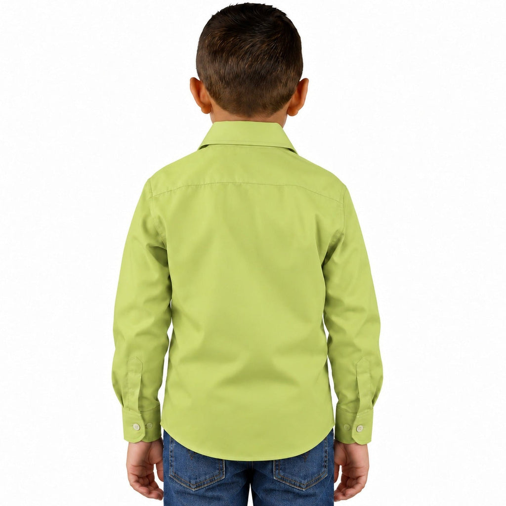 Camisa de vestir infantil Rodolfo Valentini verde manzana, espalda desfajada mezclilla
