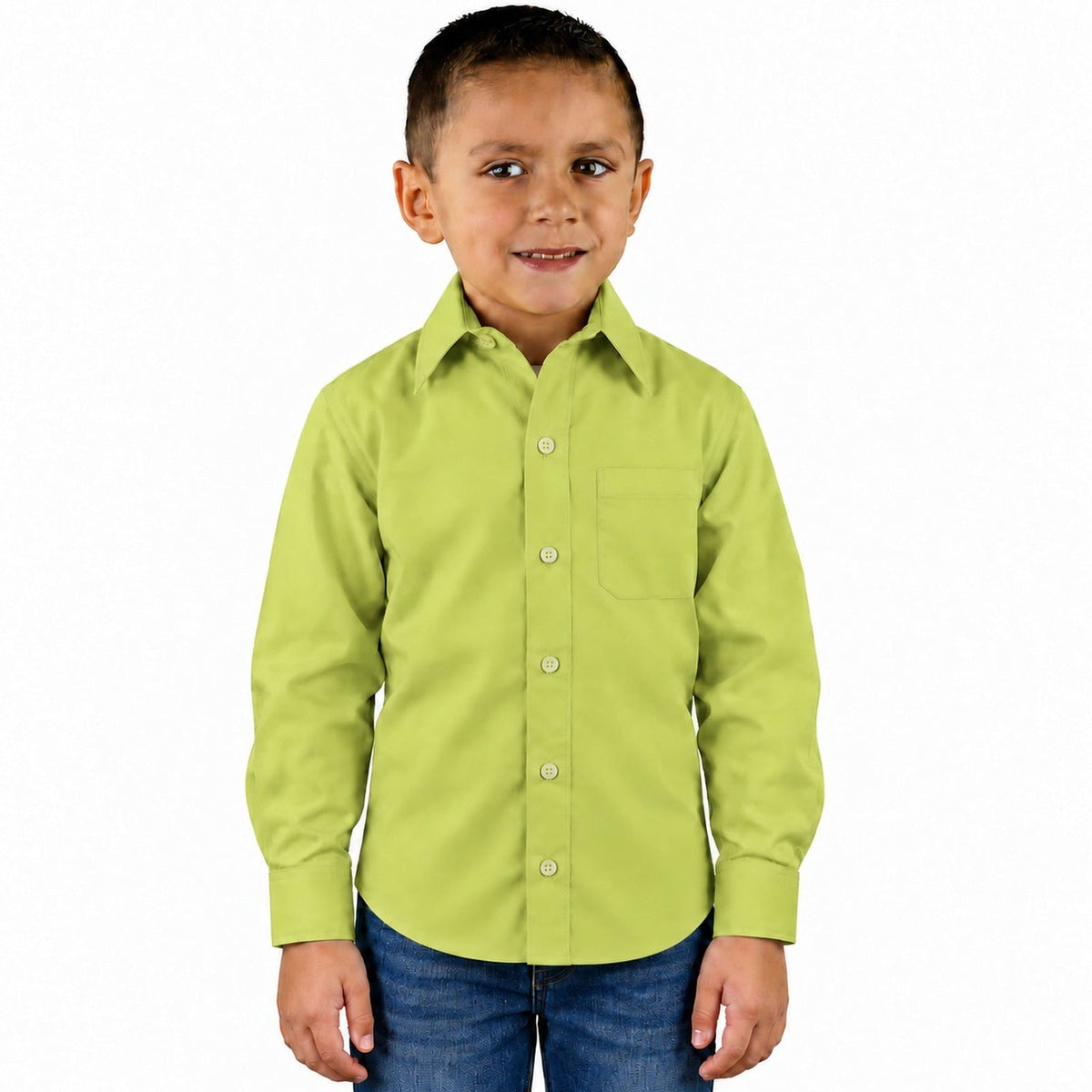 Camisa de vestir infantil Rodolfo Valentini verde manzana, frontal desfajada mezclilla | color:verde-manzana-rodolfo