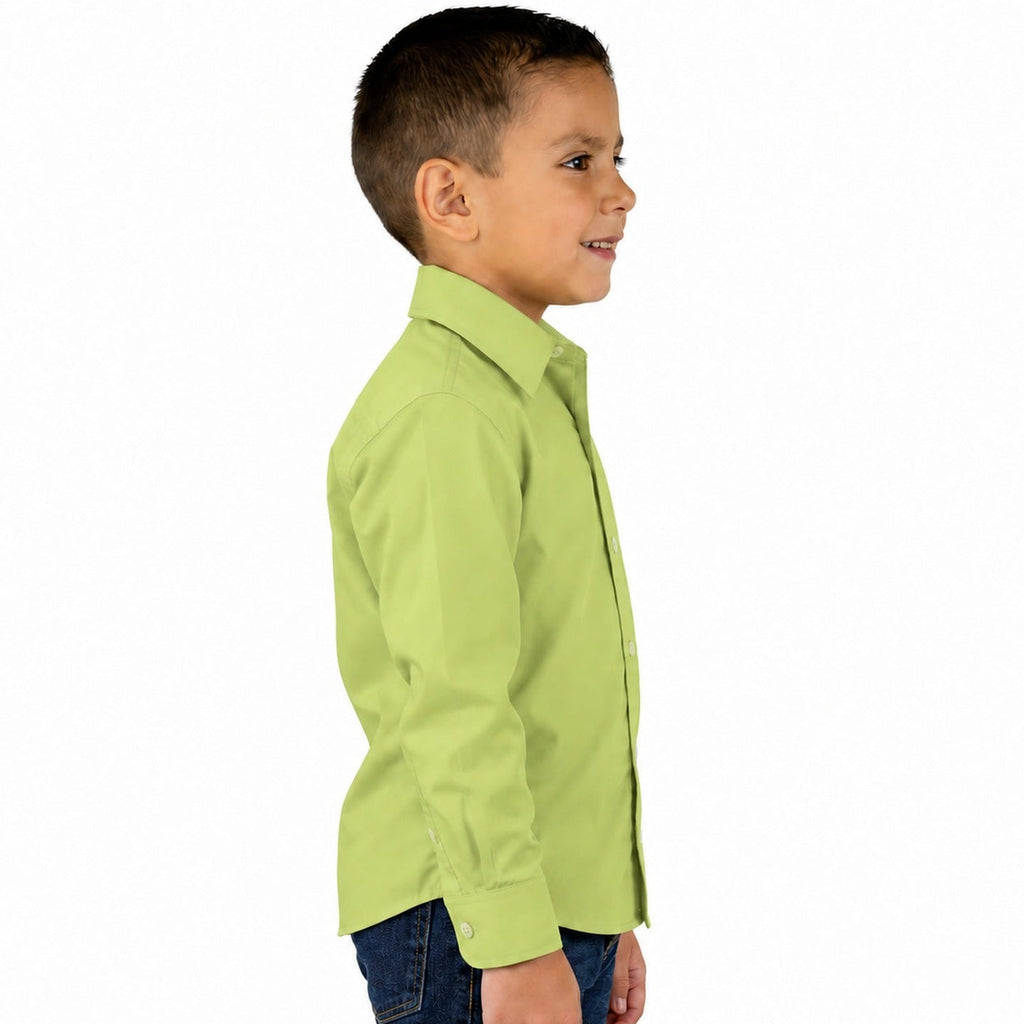 Camisa de vestir infantil Rodolfo Valentini verde manzana, perfil derecho desfajada mezclilla