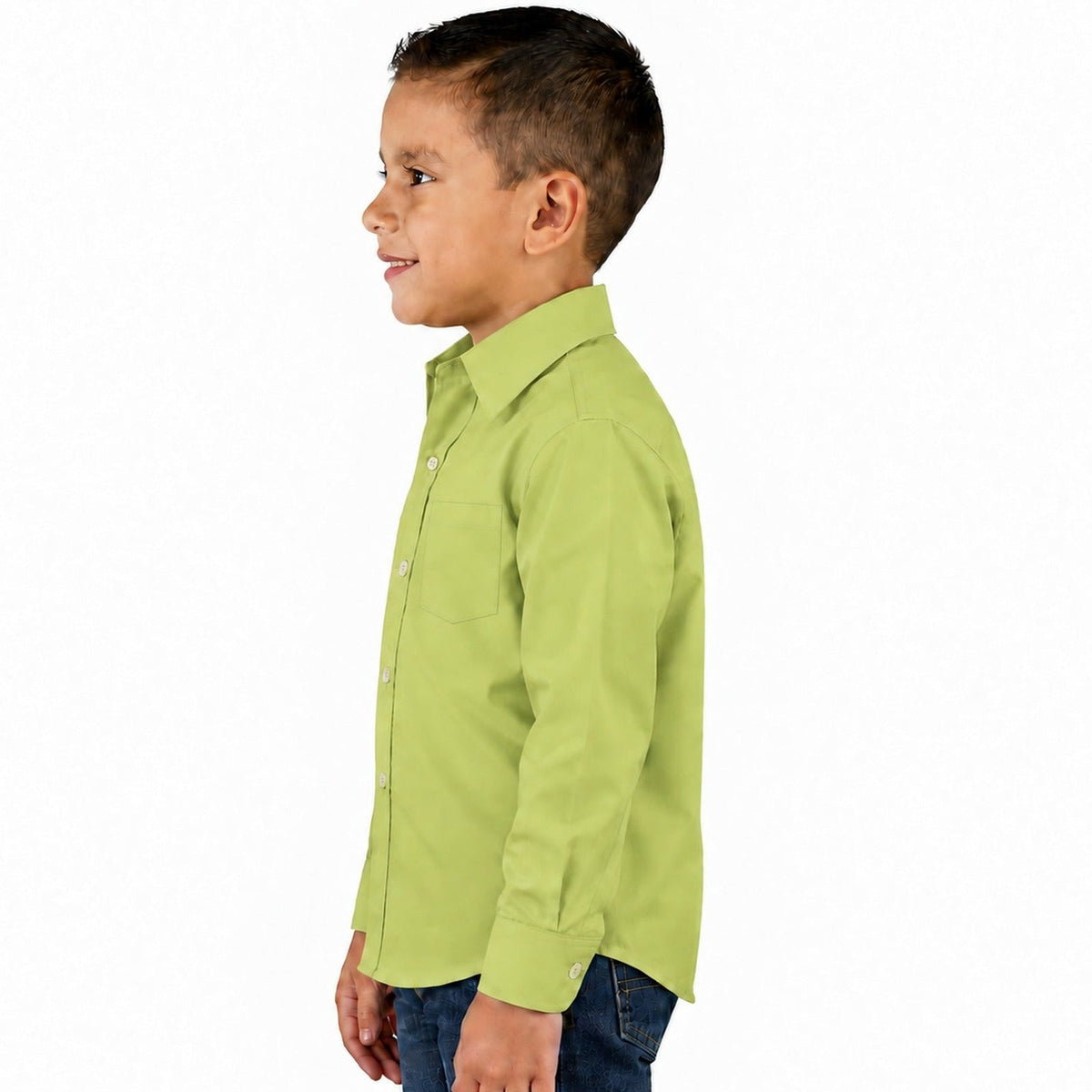 Camisa de vestir infantil Rodolfo Valentini verde manzana, perfil izquierdo desfajada mezclilla | color:verde-manzana-rodolfo