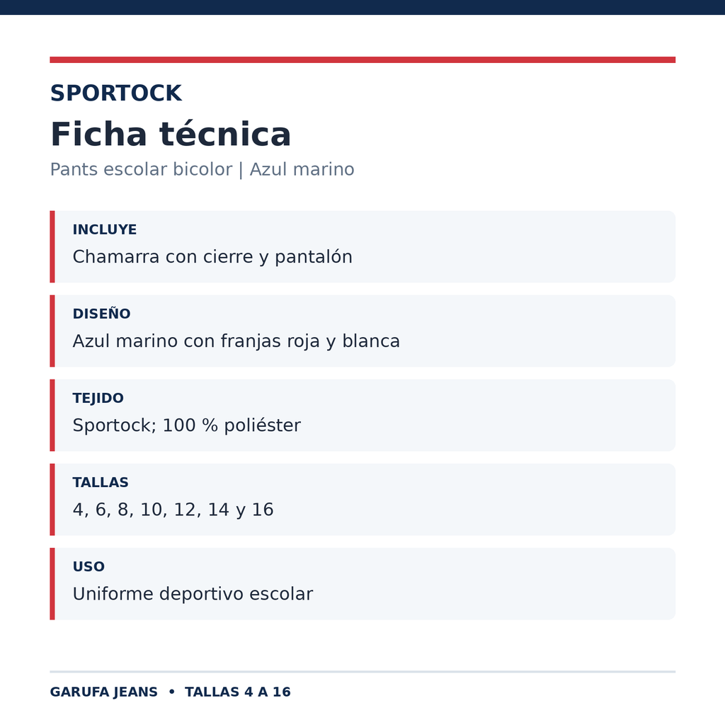 Ficha técnica del conjunto de pants escolar Sportock bicolor azul marino