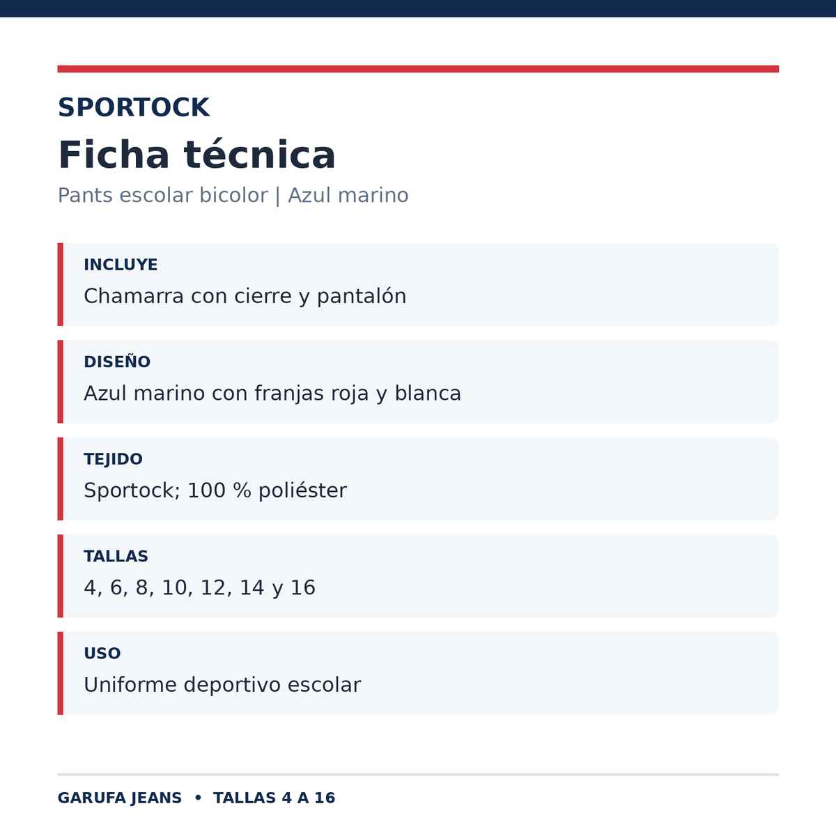 Ficha técnica del conjunto de pants escolar Sportock bicolor azul marino | color:azul-marino