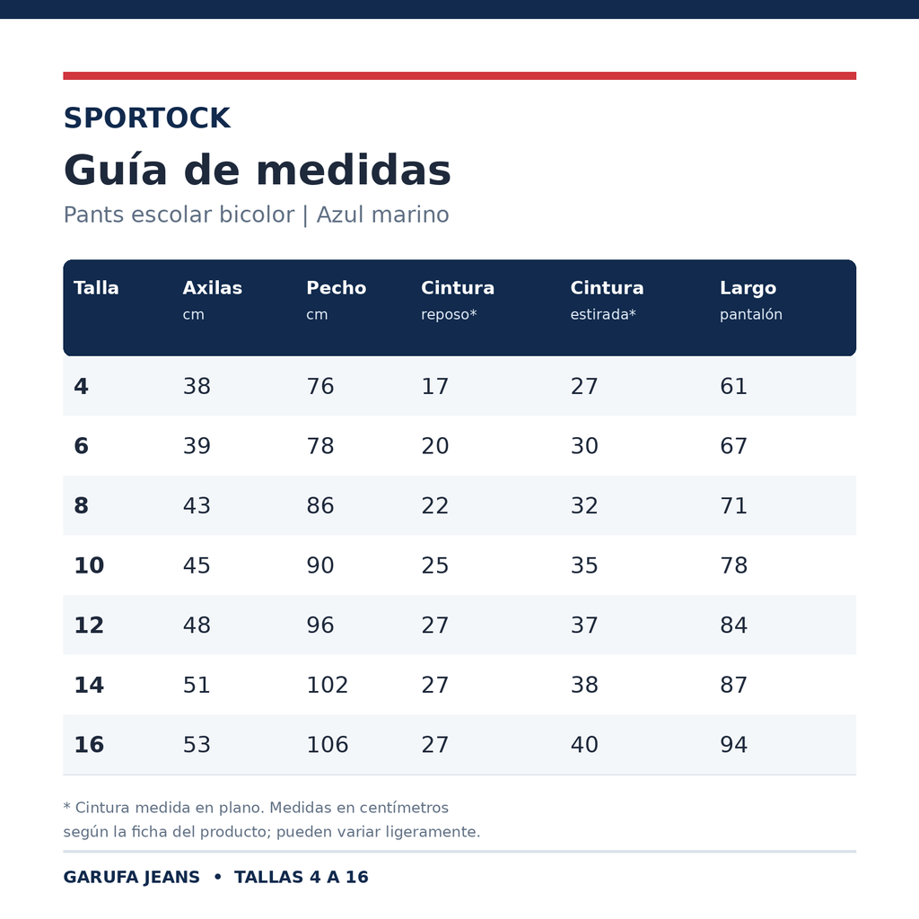 Guía de medidas del conjunto de pants escolar Sportock bicolor, tallas 4 a 16