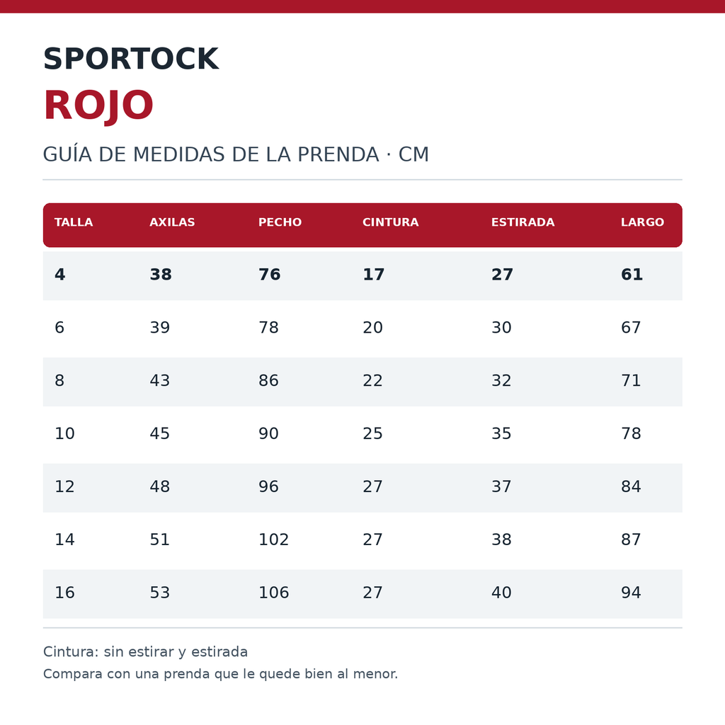 Conjunto de pants escolar Sportock infantil Rojo, tabla de medidas tallas 4 a 16