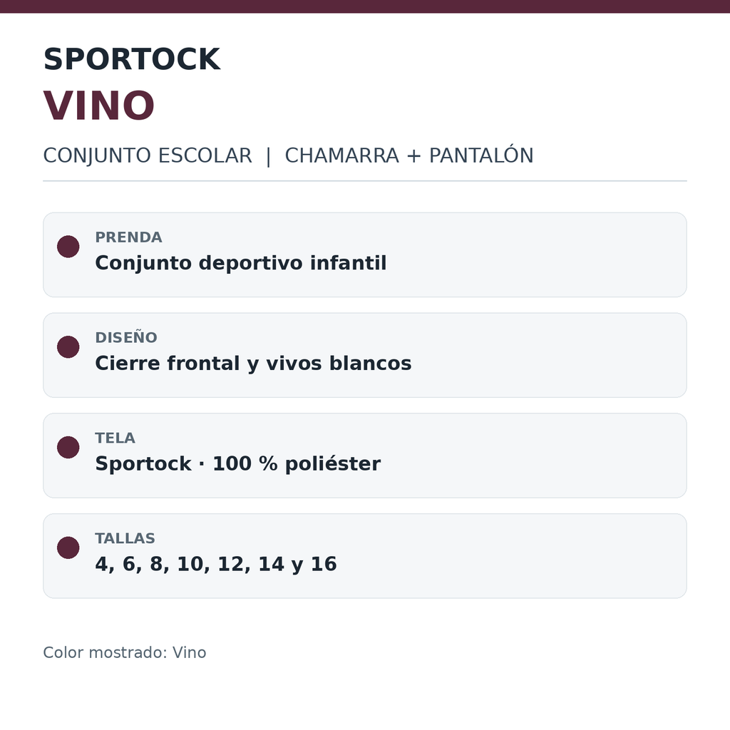 Conjunto de pants escolar Sportock infantil Vino, ficha técnica