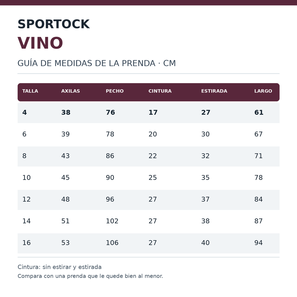 Conjunto de pants escolar Sportock infantil Vino, tabla de medidas tallas 4 a 16