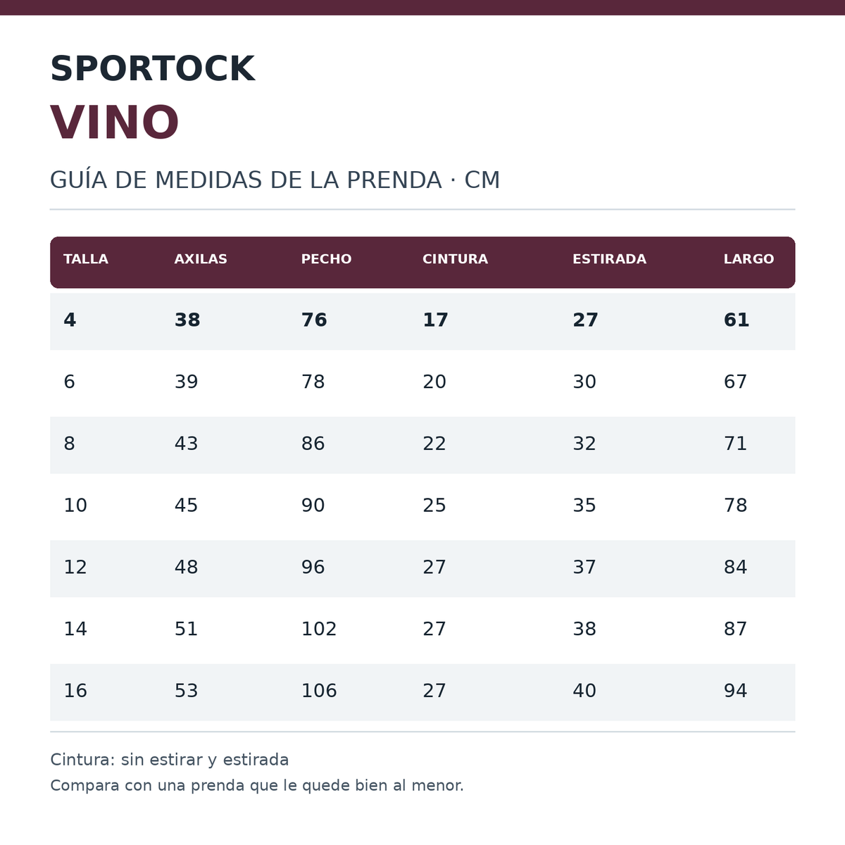 Conjunto de pants escolar Sportock infantil Vino, tabla de medidas tallas 4 a 16 | color:vino