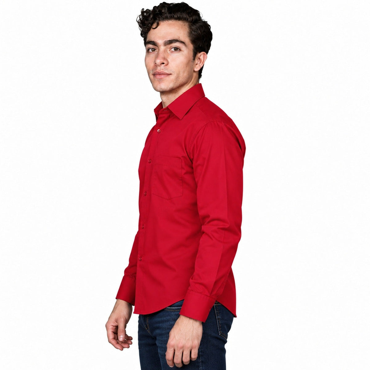 Camisa de vestir para hombre Zanely roja, perfil izquierdo desfajada | color:roja-zanely