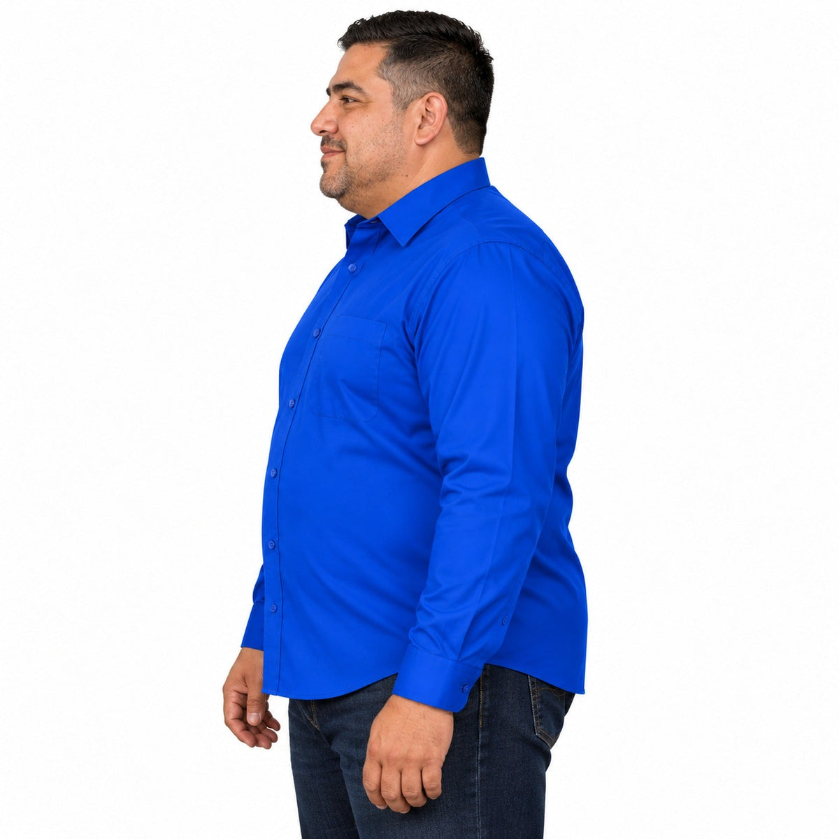 Camisa de vestir para hombre azul rey tallas extras 44 a 50, Zanely, perfil izquierdo desfajada | color:azul-rey-zanely