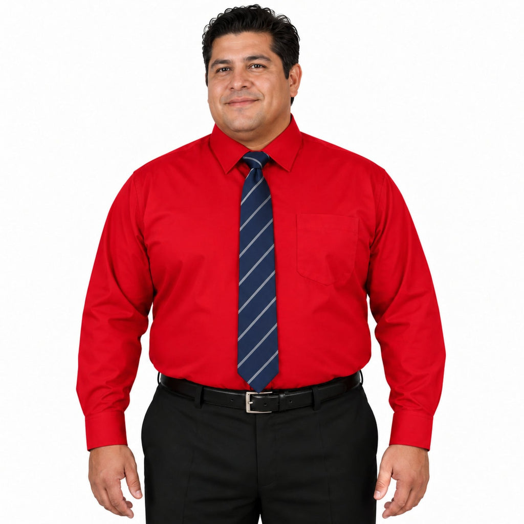 Camisa de vestir Zanely para hombre roja, tallas extras 44 a 50, vista frontal fajada con corbata de rayas diagonales