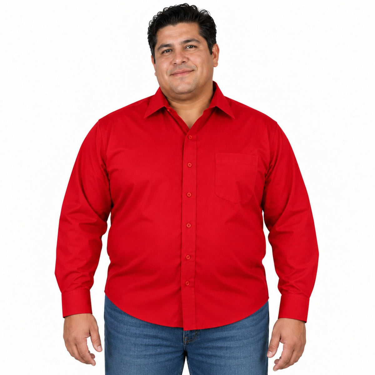 Camisa de vestir Zanely para hombre roja, tallas extras 44 a 50, vista frontal desfajada con mezclilla | color:roja-zanely