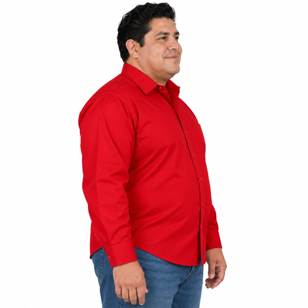 Camisa de vestir Zanely para hombre roja, tallas extras 44 a 50, perfil derecho desfajada con mezclilla