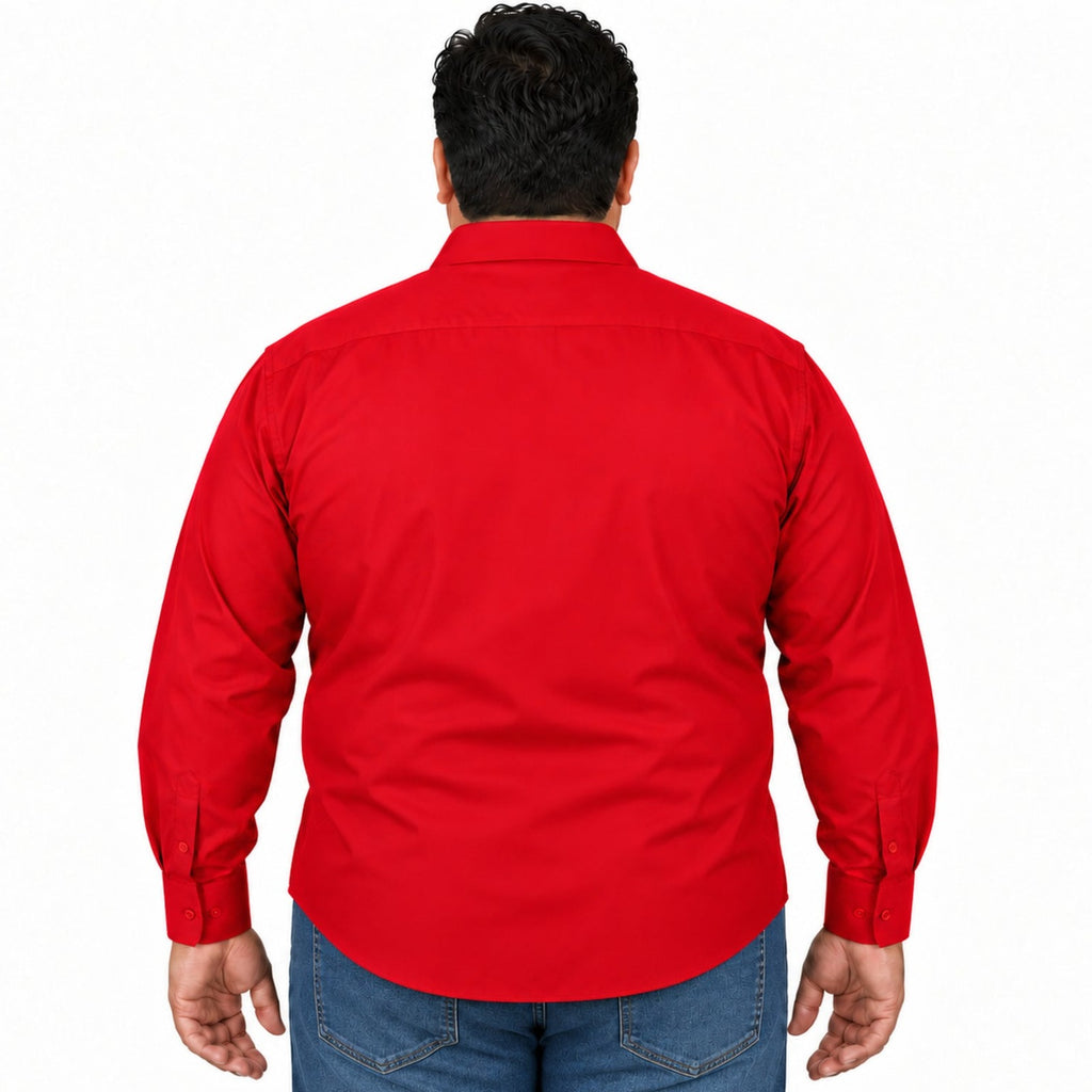 Camisa de vestir Zanely para hombre roja, tallas extras 44 a 50, vista posterior desfajada con mezclilla
