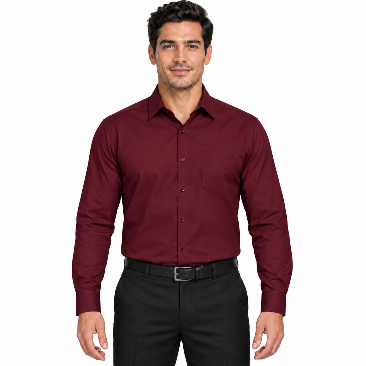 Camisa de vestir vino Zanely para hombre, frontal fajada, con bolsillo de pecho, tallas 34 a 42 | color:vino-zanely