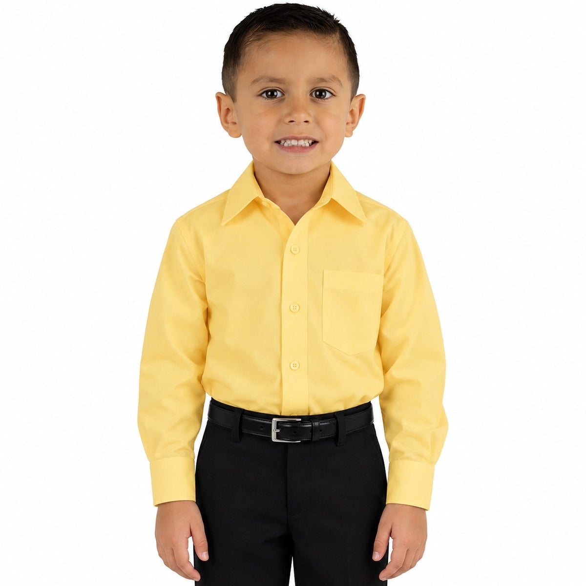 Camisa de vestir infantil amarilla Zanely, modelo de frente, fajada y sin corbata, tallas 2 a 16 | color:amarilla-zanely