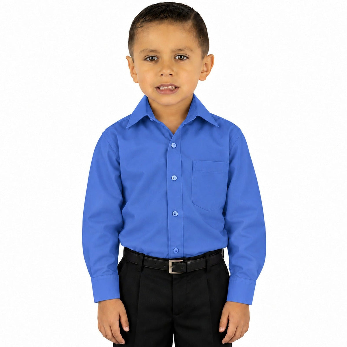 Camisa de vestir infantil azul Francia zanely, niño modelo, frente fajada | color:azul-francia-zanely