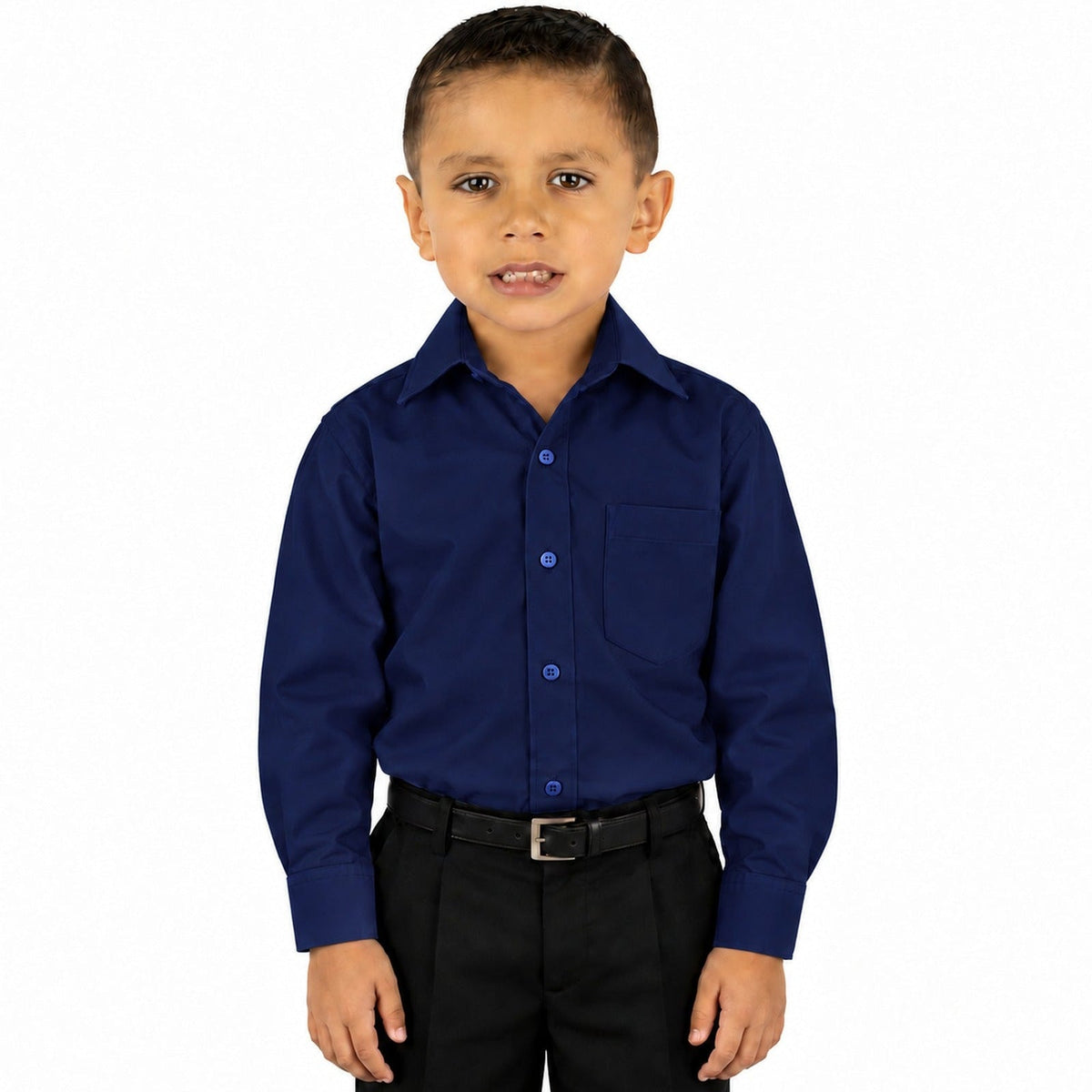 Camisa de vestir infantil azul marino zanely, niño modelo, frente fajada | color:azul-marino-zanely